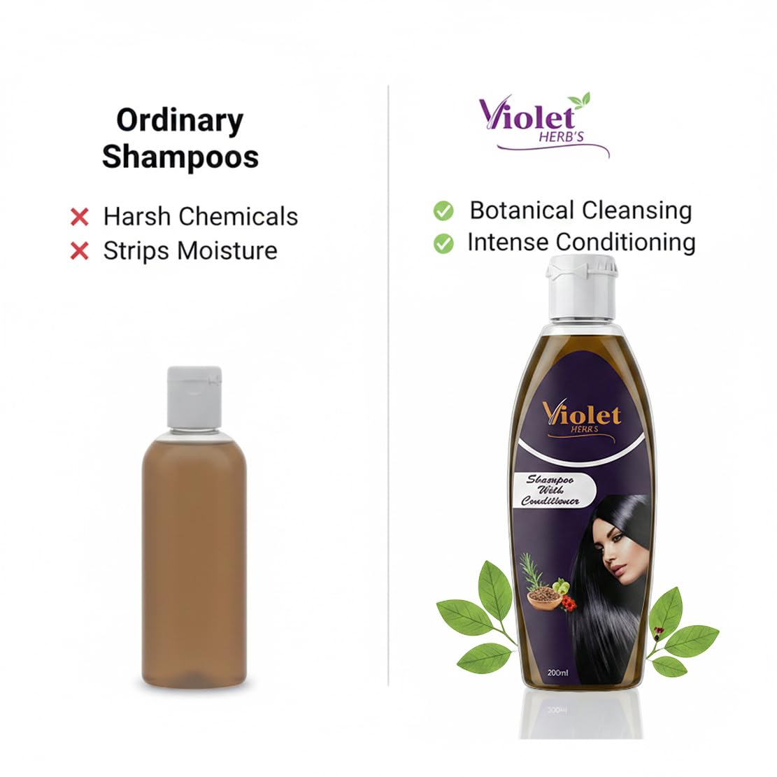 Violet Herb's 2-in-1 Shampoo With Conditioner - 200ml | Anti Hair Fall & Dandruff Control | Herbal Hair Growth Formula with Rosemary, Fenugreek, Amla & Rice Water | No Silicones or Harsh Chemicals